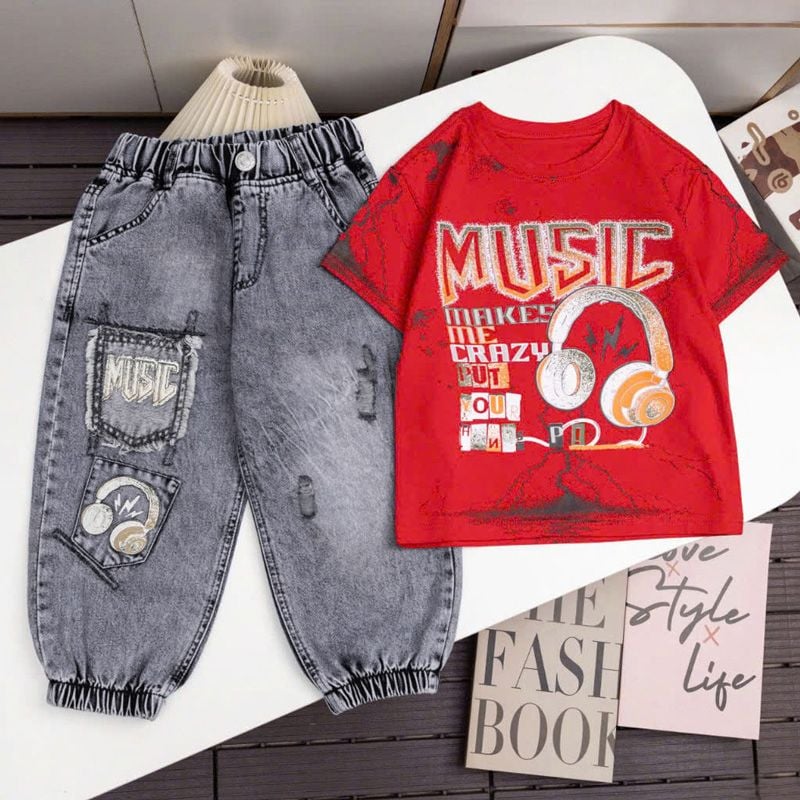Bộ jean jogger bé trai Music