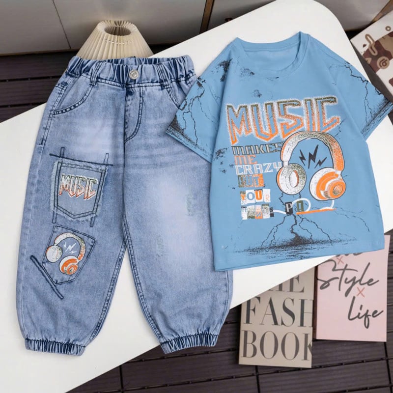 Bộ jean jogger bé trai Music