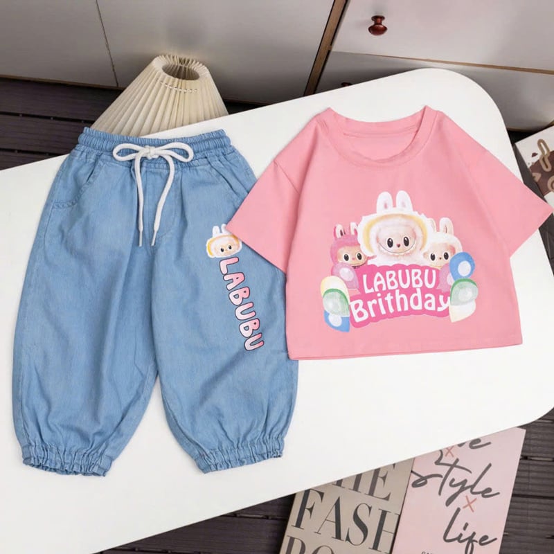 Bộ jean lửng bé gái Labubu Birthday
