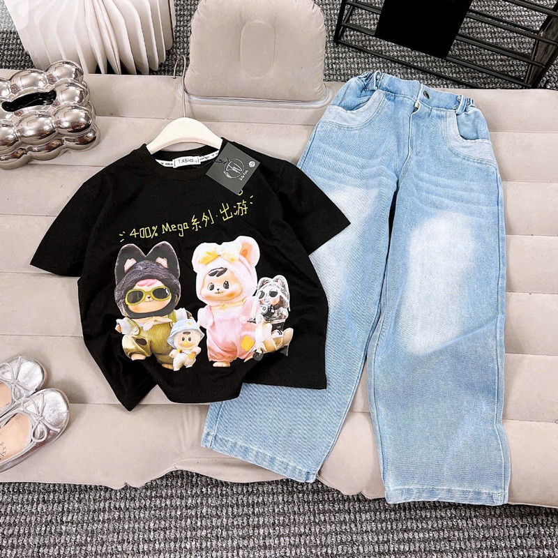Bộ jean suông bé gái Baby Three Team