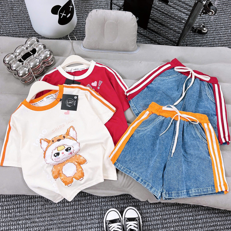 Bộ short jean bé gái Baby Three Teno