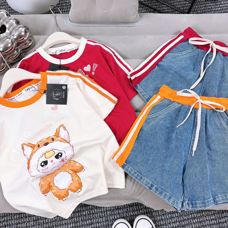 Bộ short jean bé gái Baby Three Teno