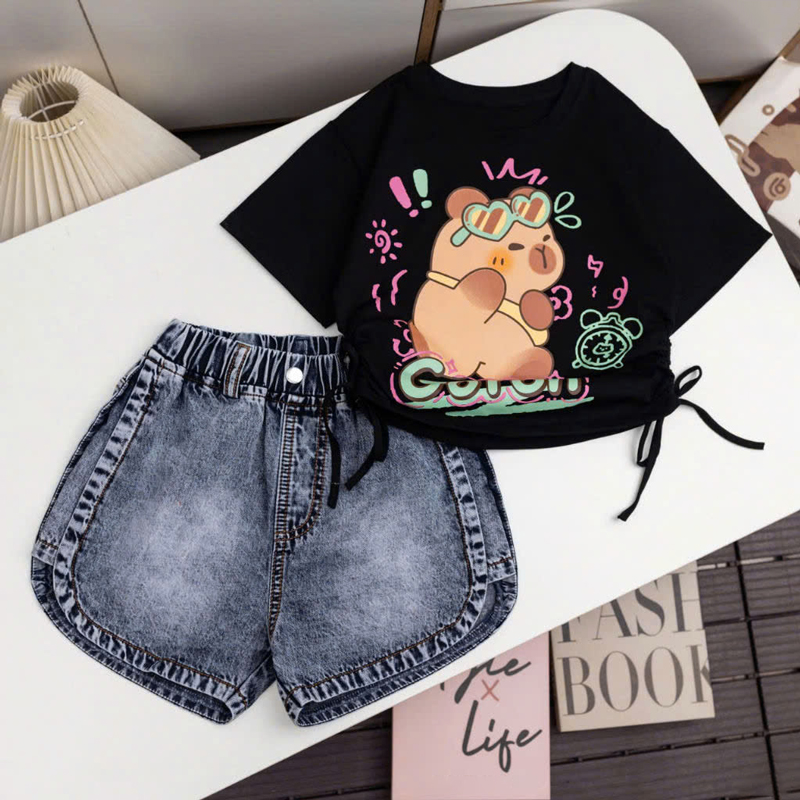 Bộ short jean bé gái Capy dây rút