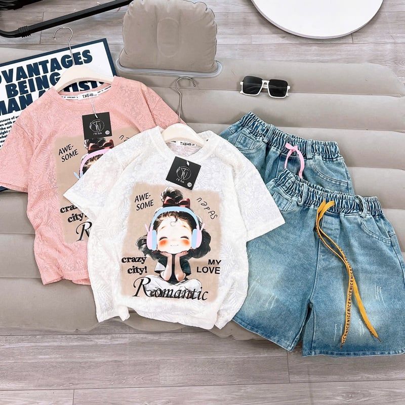 Bộ short jean bé gái cô gái Romantic