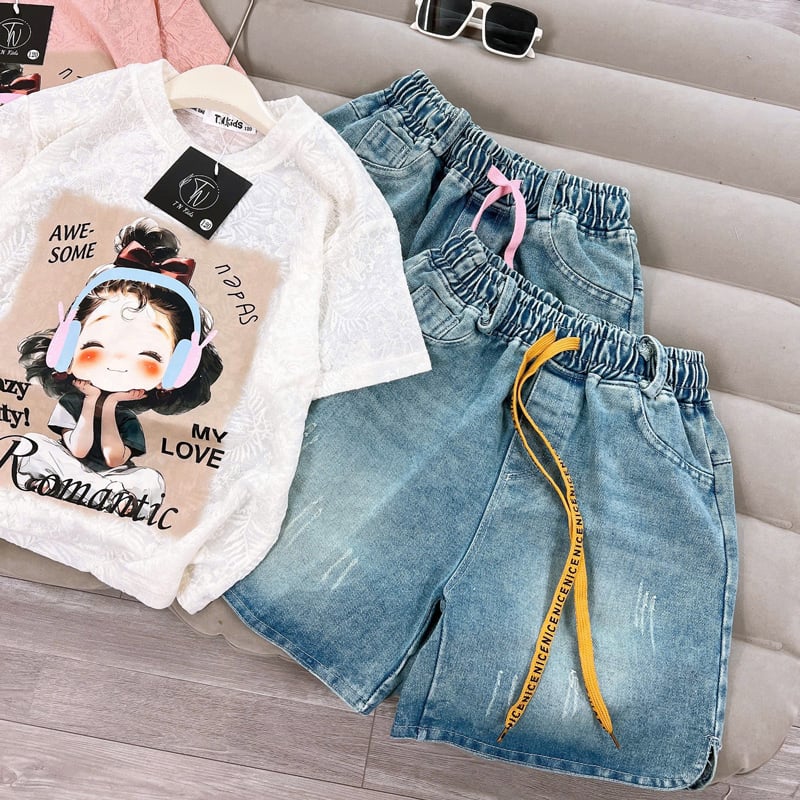 Bộ short jean bé gái cô gái Romantic
