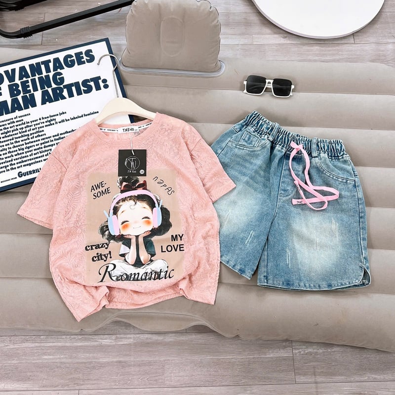Bộ short jean bé gái cô gái Romantic