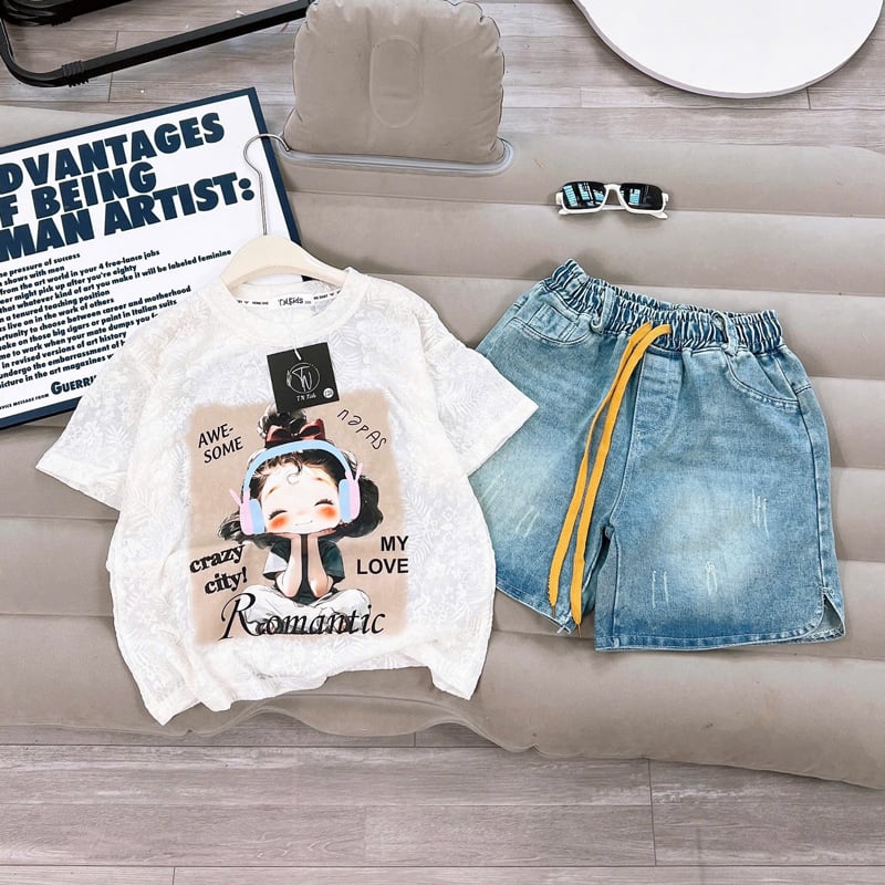 Bộ short jean bé gái cô gái Romantic