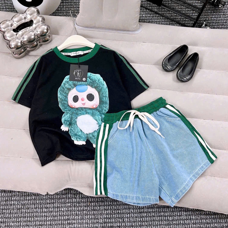 Bộ short jean bé gái Migo rêu đen