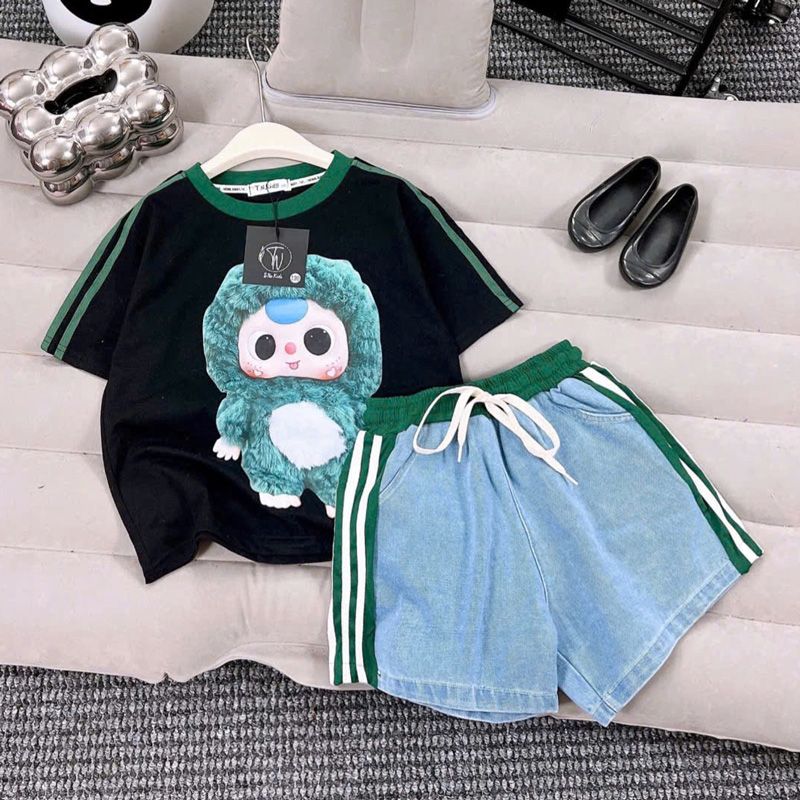 Bộ short jean bé gái Migo rêu đen