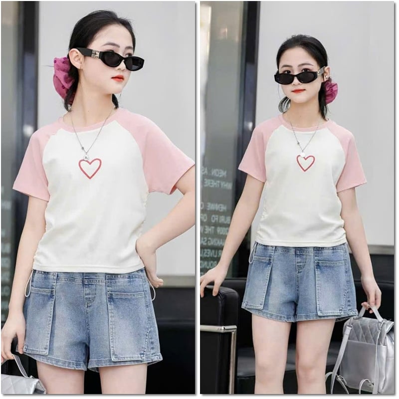 Bộ short jean bé gái trái tim