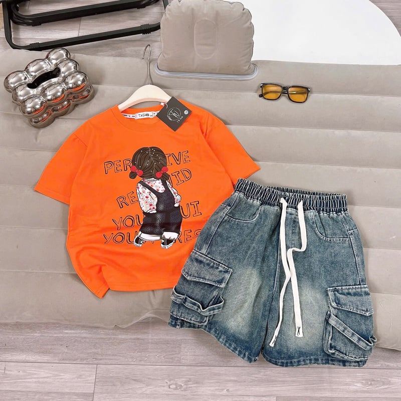 Bộ short jean bé gái túi hộp cô gái