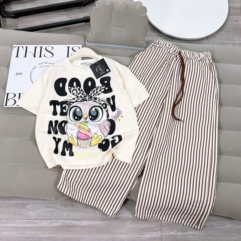 Bộ thun bé gái quần sọc hình cú