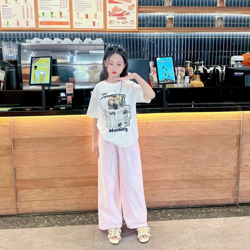 Bộ thun bé gái quần dài mèo Morning