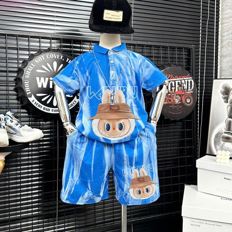Bộ thun bé trai cổ trụ loang Labubu