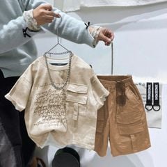 Bộ thun bé trai túi hộp phối chữ