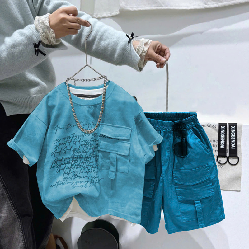 Bộ thun bé trai túi hộp phối chữ