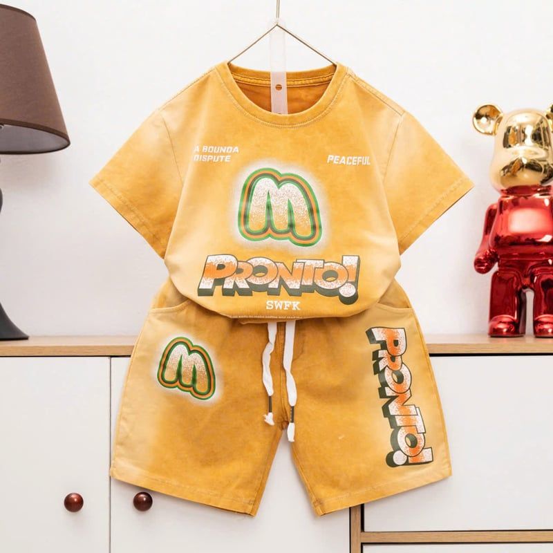 Bộ thun bé trai wash đá chữ Pronto