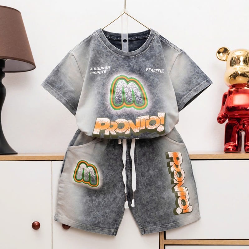 Bộ thun bé trai wash đá chữ Pronto