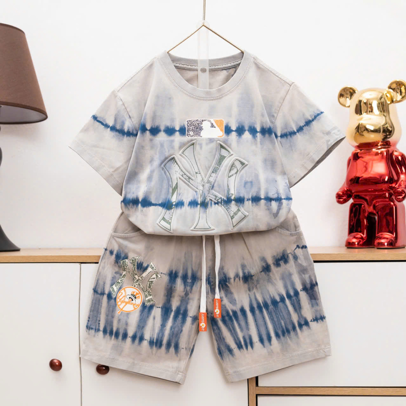 Bộ thun bé trai wash đá loang logo NY