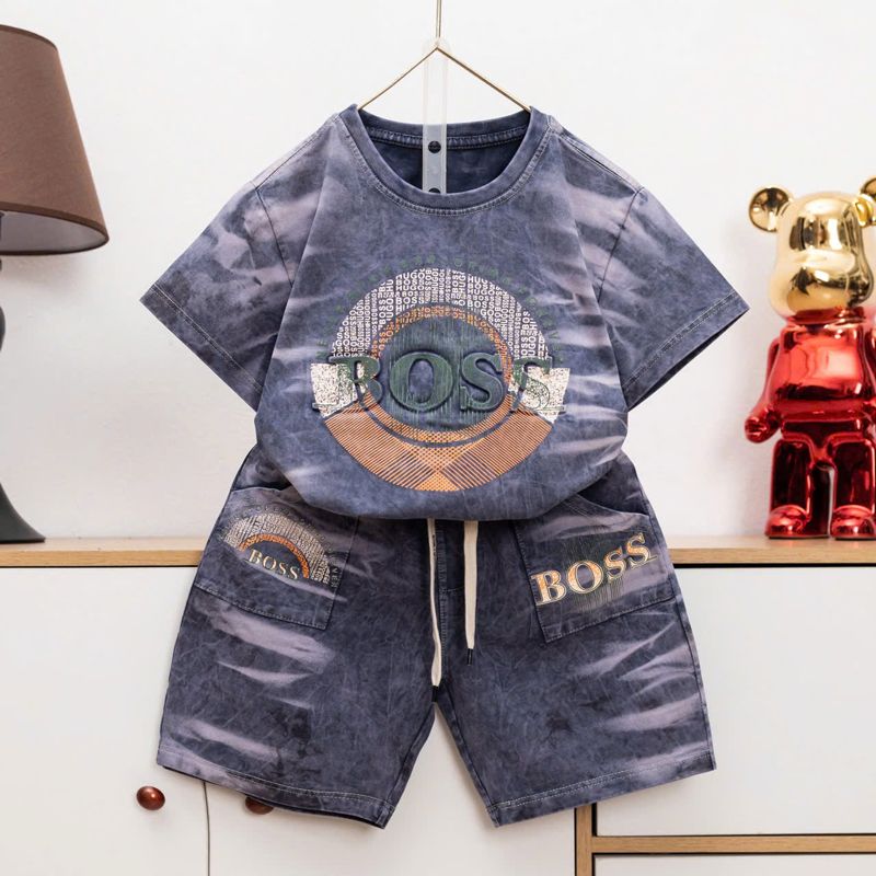 Bộ thun bé trai wash đá logo Boss