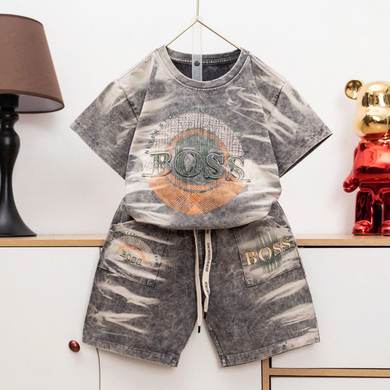 Bộ thun bé trai wash đá logo Boss