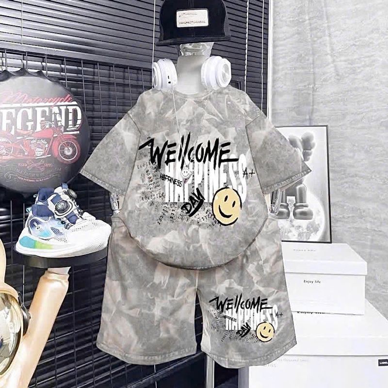 Bộ thun bé trai wash đá chữ Wellcome