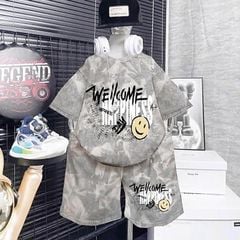 Bộ thun bé trai wash đá chữ Wellcome