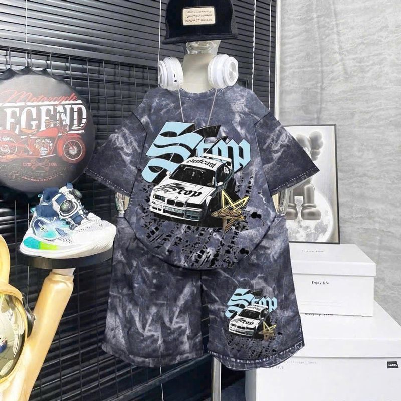 Bộ thun bé trai wash đá xe hơi