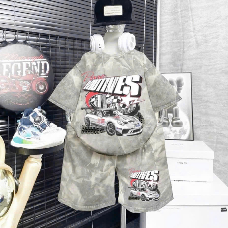 Bộ thun bé trai wash đá xe hơi