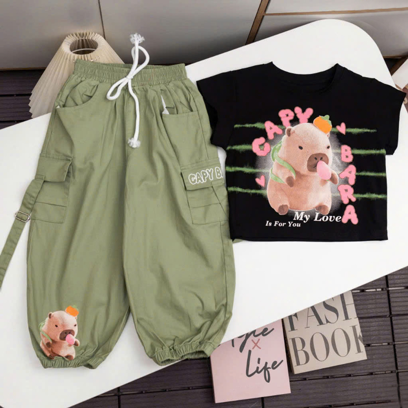 Bộ thun jogger bé gái Capybara quả cam (KP)