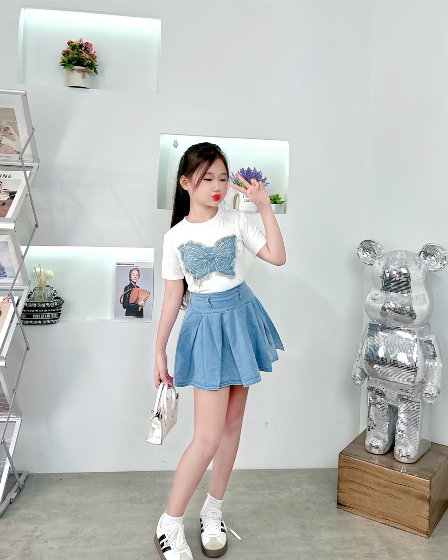 Bộ váy jean bé gái hình nơ