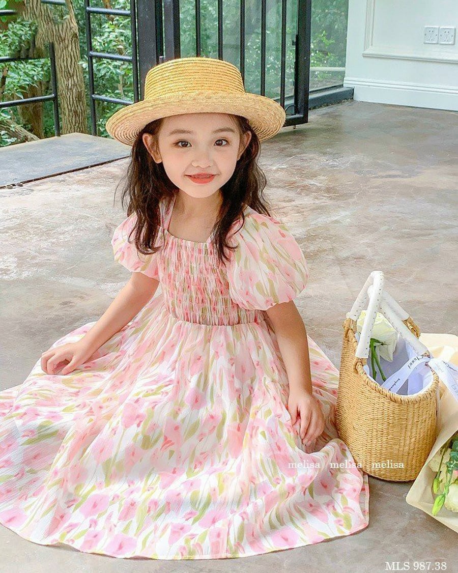 Đầm hoa tay phồng smock