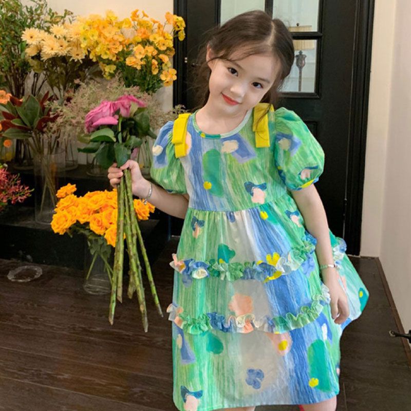 Đầm bé gái kate xanh lá nơ vai