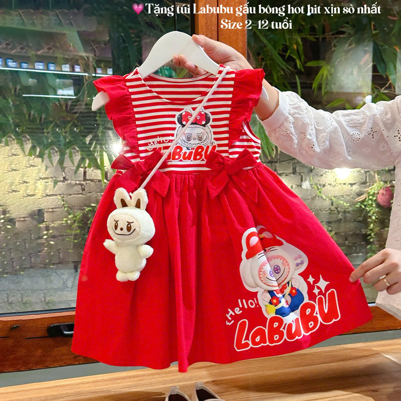 Đầm bé gái nơ Labubu kèm gấu
