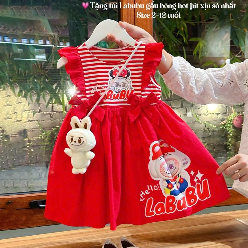 Đầm bé gái nơ Labubu kèm gấu