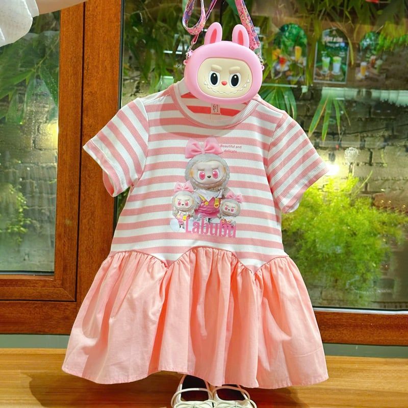 Đầm bé gái sọc cam Labubu kèm túi