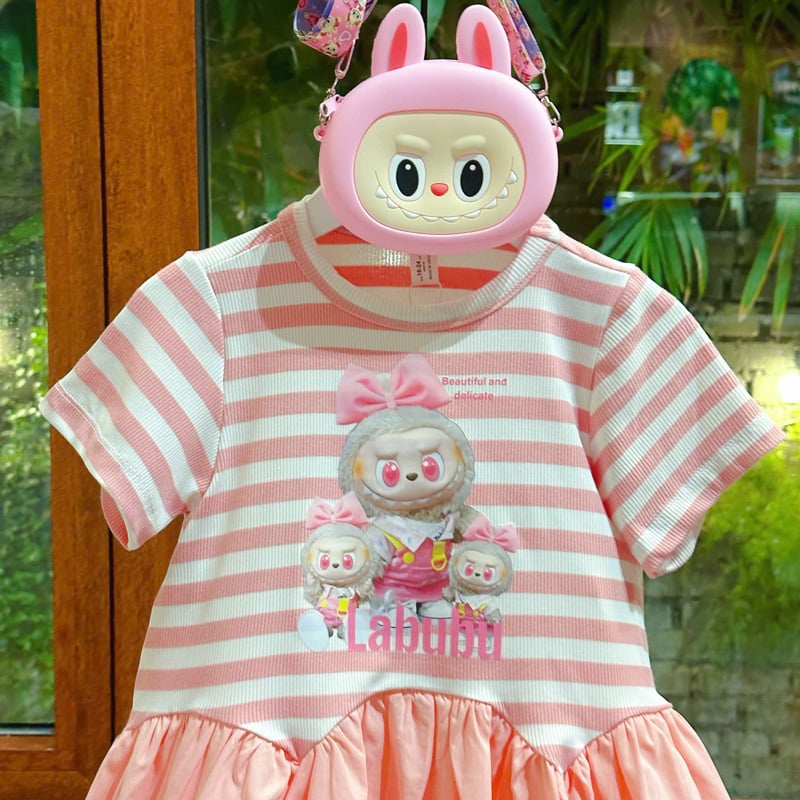 Đầm bé gái sọc cam Labubu kèm túi