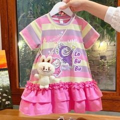 Đầm sọc bé gái Labubu kèm gấu