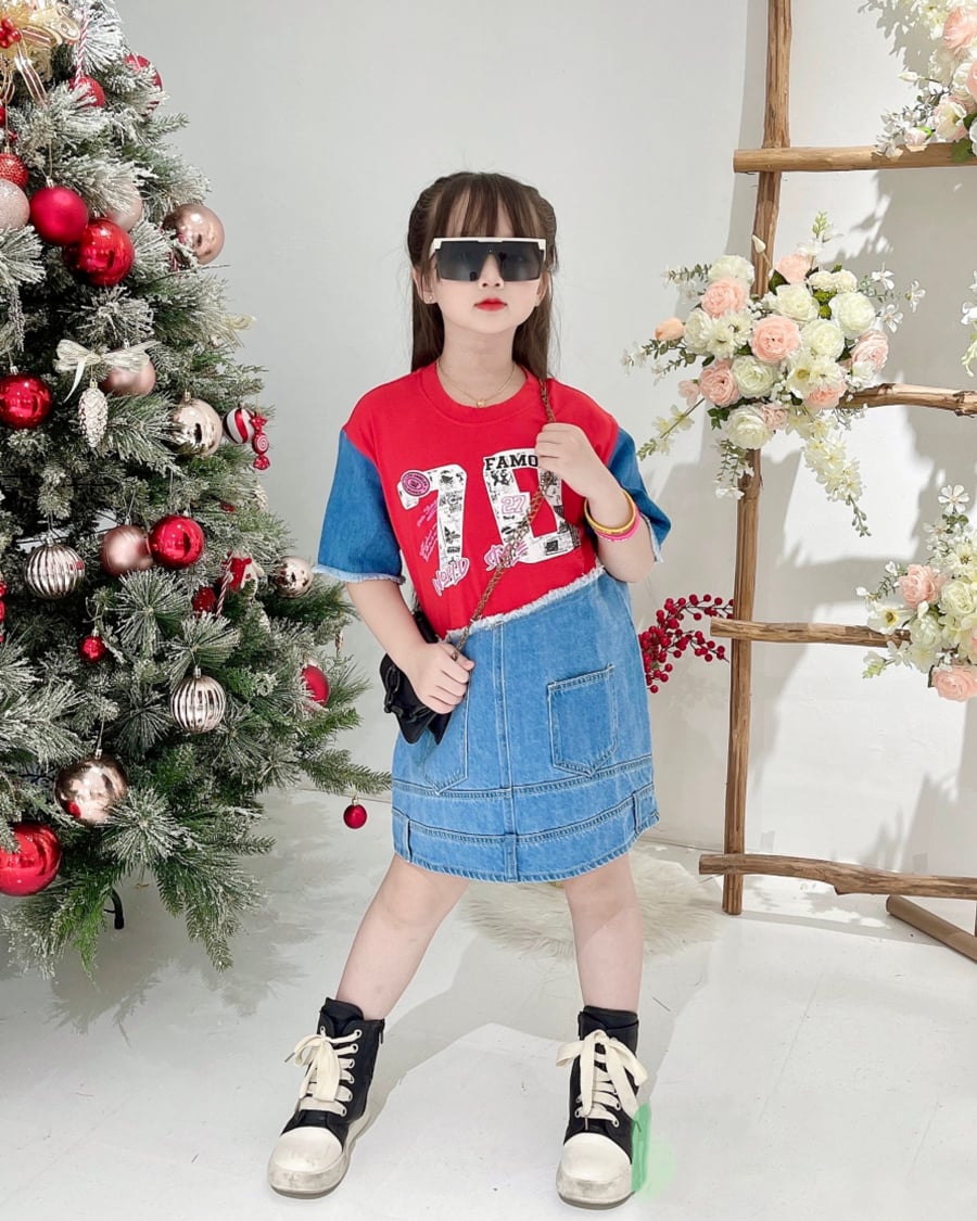 Đầm thun bé gái phối jean