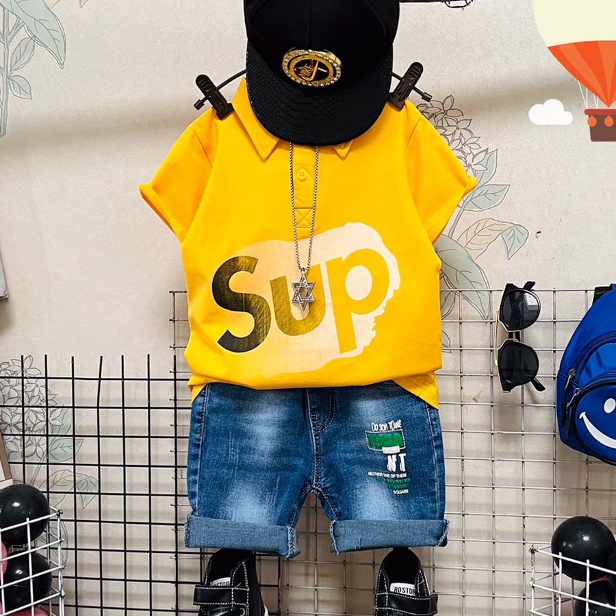 Bộ jean cổ trụ chữ SUP