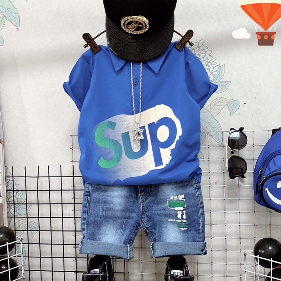 Bộ jean cổ trụ chữ SUP