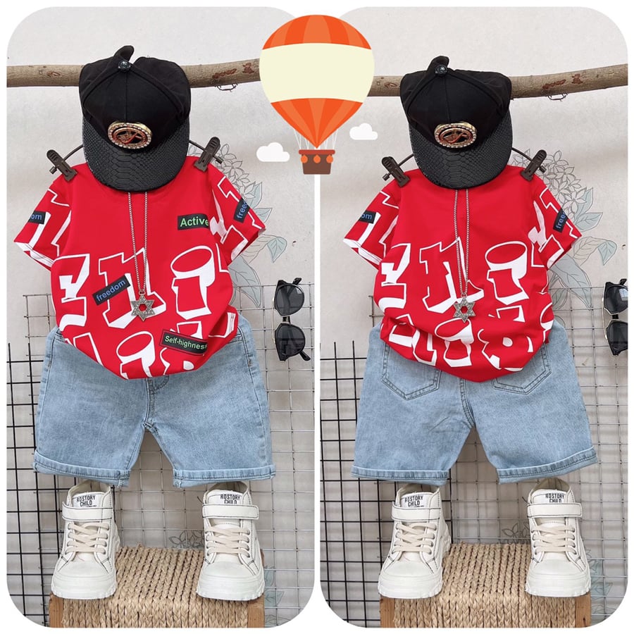 Bộ jean bé trai chữ Active