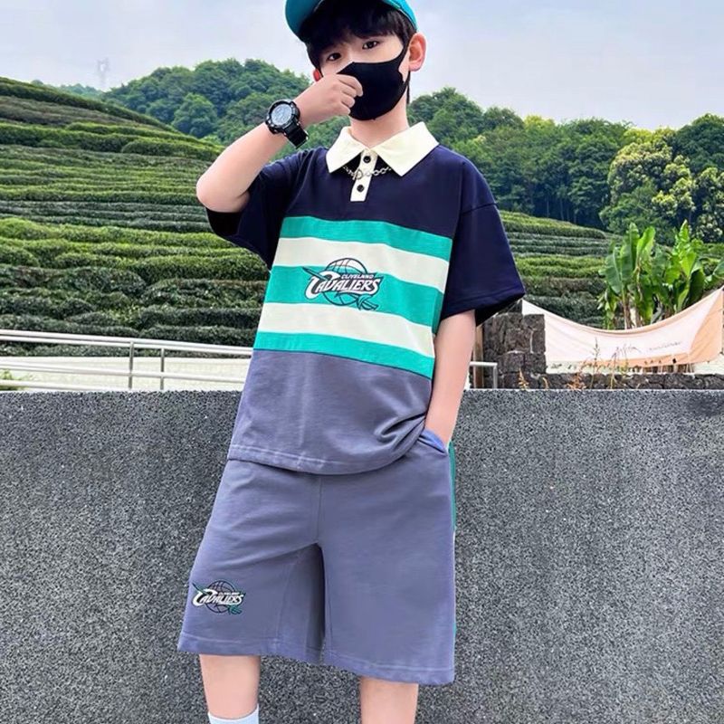 Bộ thun bé trai cổ trụ sọc