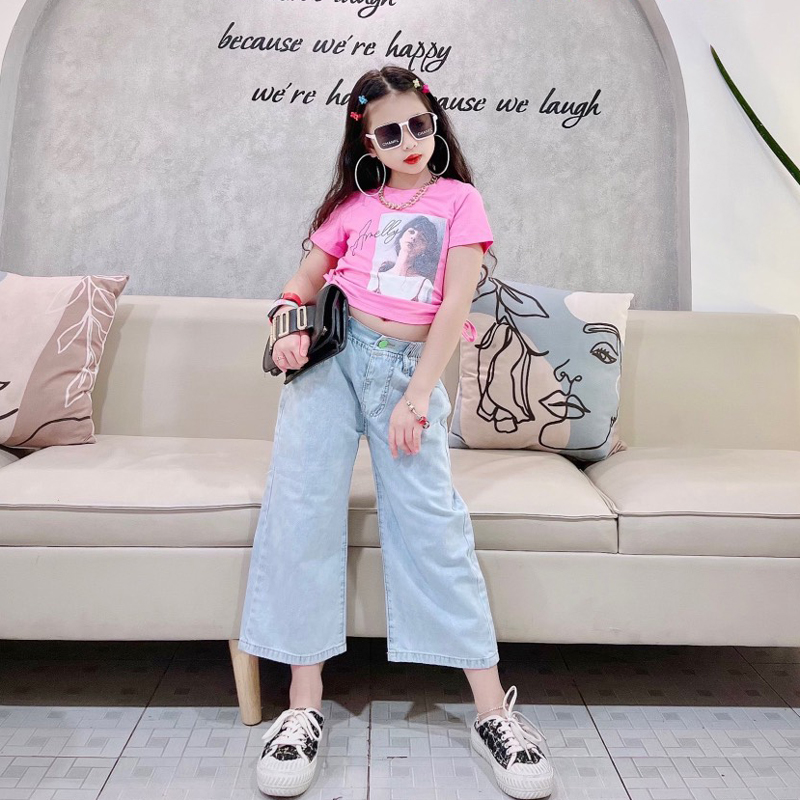 Quần jean bé gái 9 tấc ống rộng