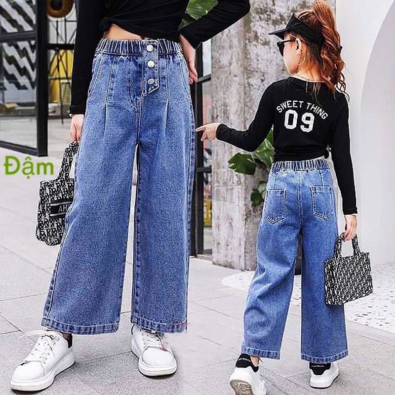 Quần jean nút ống rộng bé gái