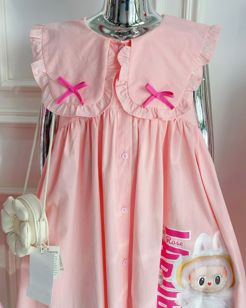 Đầm bé gái Labubu nơ cổ