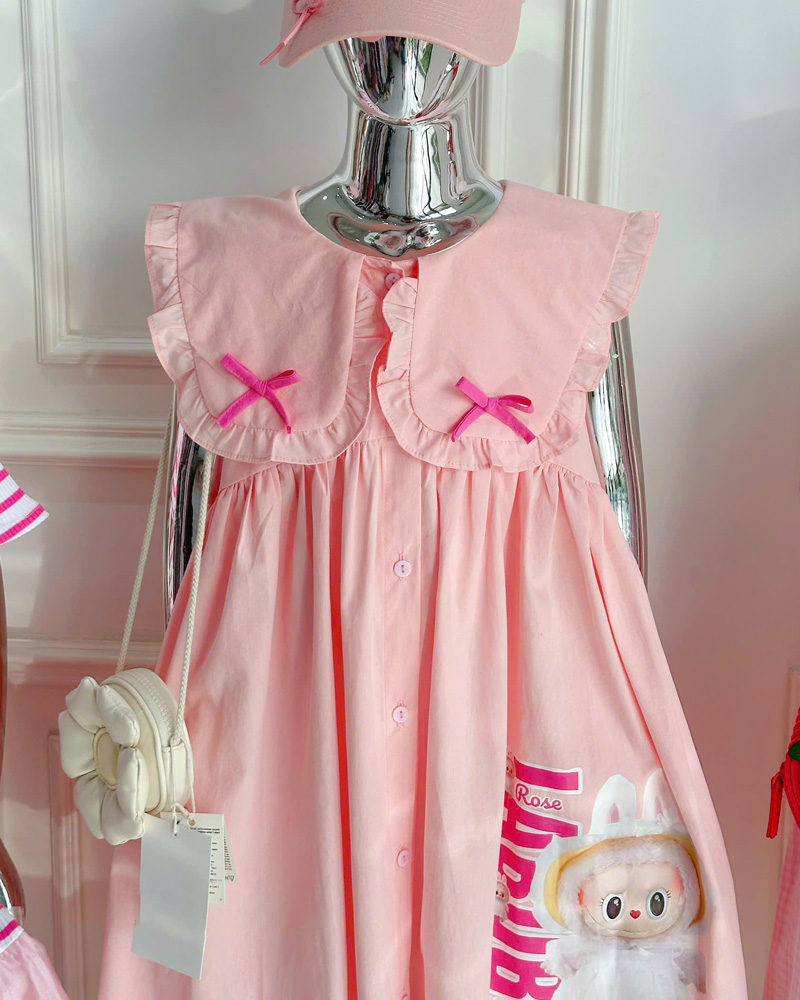 Đầm bé gái Labubu nơ cổ