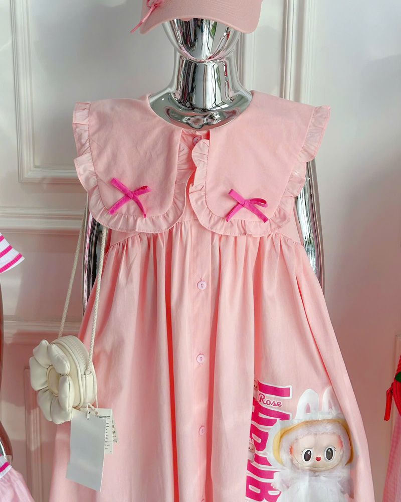 Đầm bé gái Labubu nơ cổ