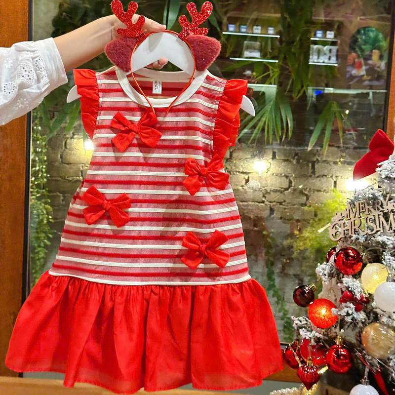 Đầm bé gái sọc nơ kèm cài Noel