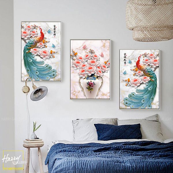  Bộ 3 Tranh Chim Công Và Bình Hoa C0507 